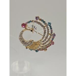 Vintage Peacock Brooch | Gold Tone Rhinestone Bird Pin with Crown |...